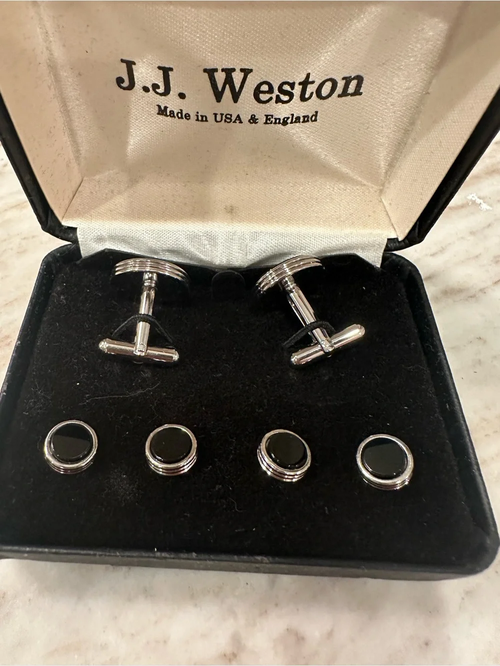 J.J Weston Men’s Silver and Black Cufflinks & Stud Set in Box